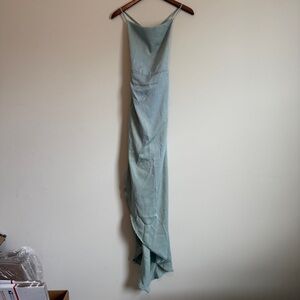 Sage Green Satin Maxi Dress Size M Lace Up Back High Slit Formal Prom Slip Y2K